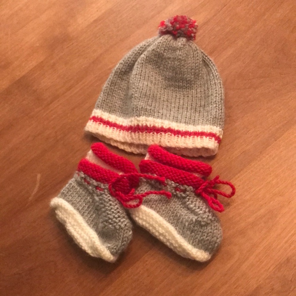 Grey and Red Knit Baby Hat & Booties - Cozy Baby Hair Accessory Set
